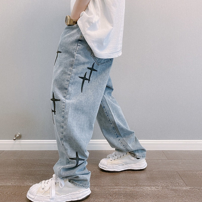 Retro cross patchwork blue denim pants