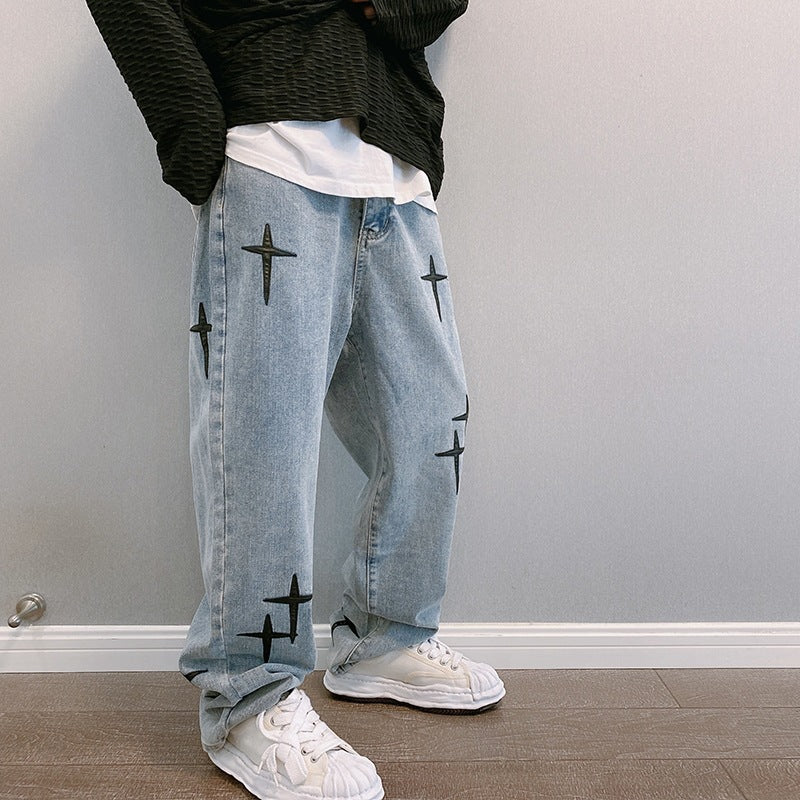 Retro cross patchwork blue denim pants