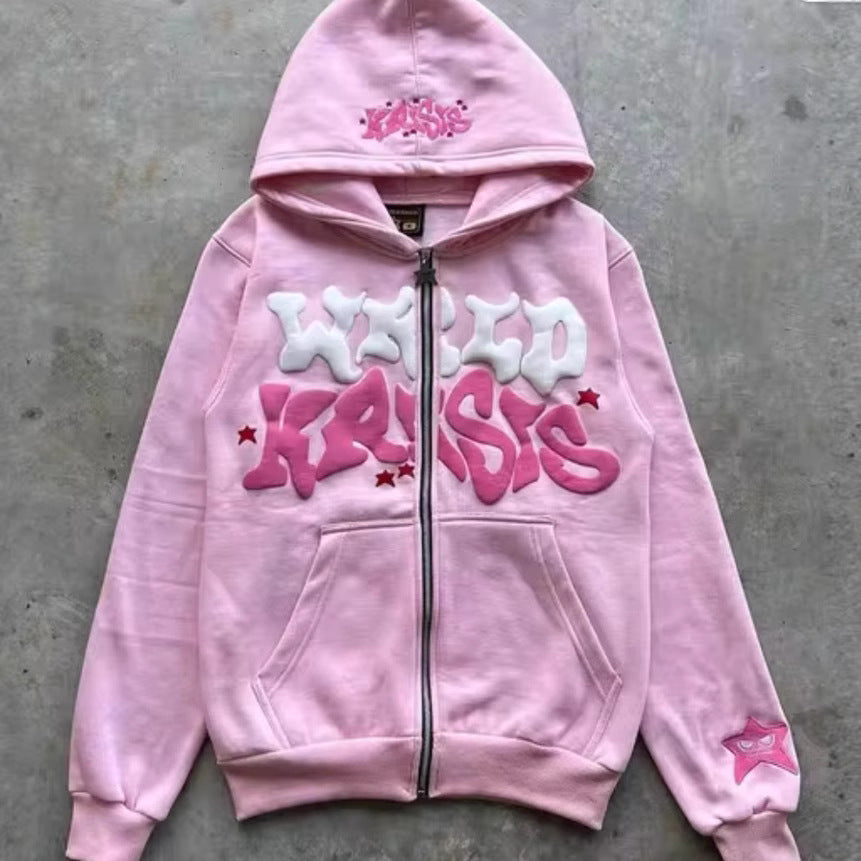 Letter print cardigan zip-up hoodie