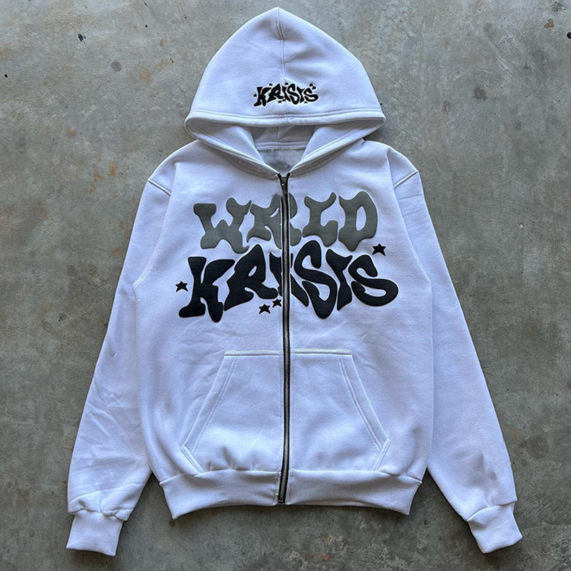 Letter print cardigan zip-up hoodie